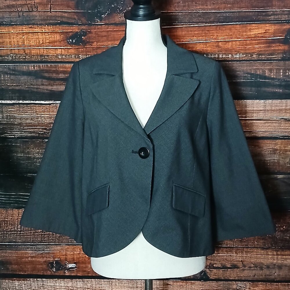 Kenneth Cole Reaction Blazer Jacket 10 Gray Cropped 3/4 Flared Sleeves Lined